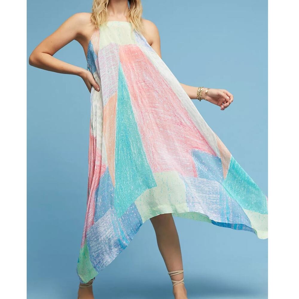 Anthropologie Lilka Annette Dress M Handkerchief Hem Pastel Patchwork Watercolor